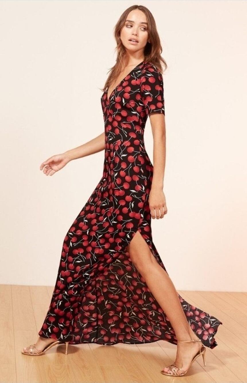 Reformation Gavin Dress 6 Cherry Print Black Red Cutout Back Maxi Short Sleeve